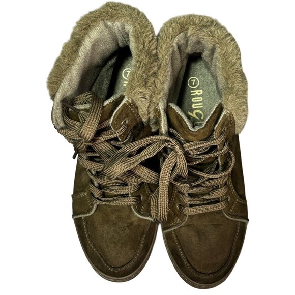 Rouge Helium Olive Green Faux Fur Trim Lace-Up Booties Size 7 - Picture 5 of 7